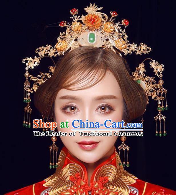 Ancient Chinese Handmade Jade Phoenix Coronet Traditional Hair Accessories Xiuhe Suit Hairpins for Women