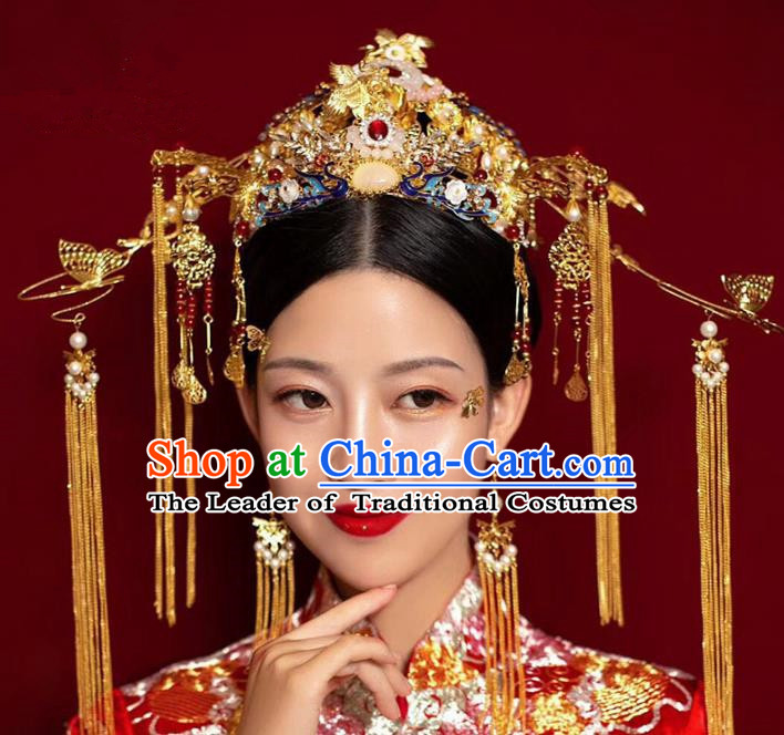 Ancient Chinese Handmade Hair Accessories Xiuhe Suit Bride Phoenix Coronet Hairpins Complete Set for Women