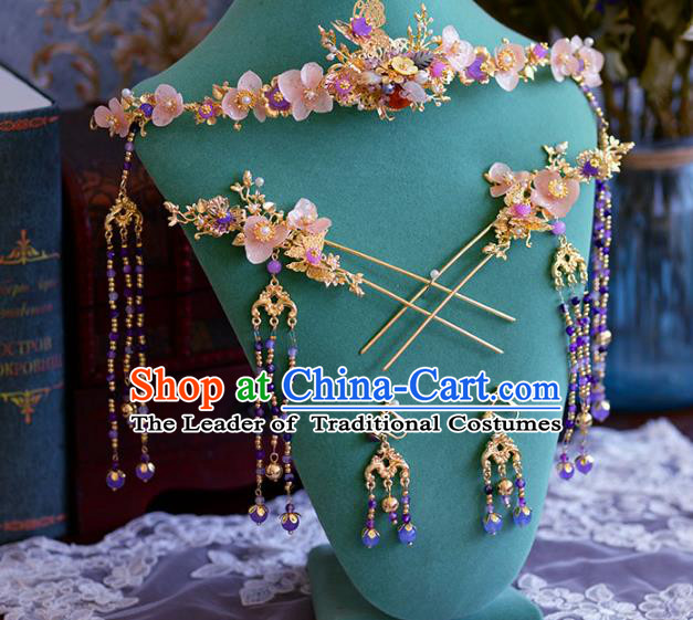 Ancient Chinese Handmade Traditional Hair Accessories Pink Flowers Phoenix Coronet Hairpins Complete Set for Women