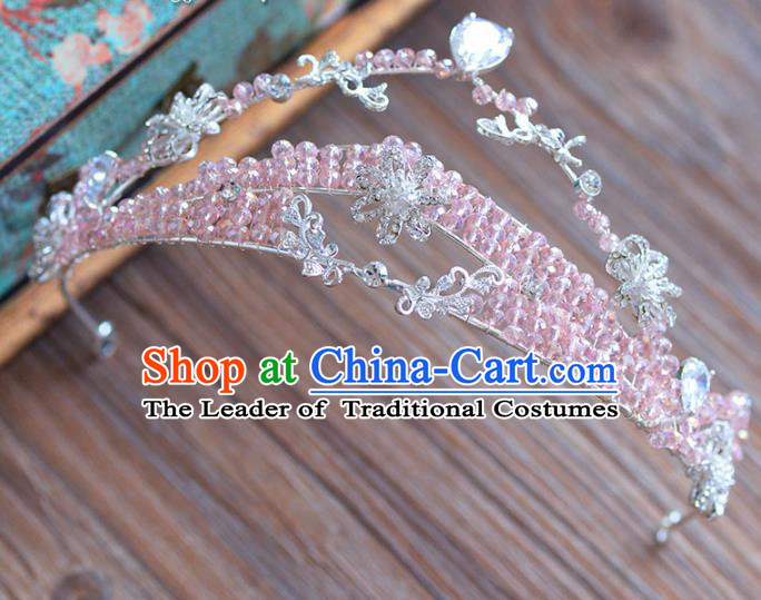 Top Grade Handmade Hair Accessories Baroque Princess Pink Beads Royal Crown Headwear for Women