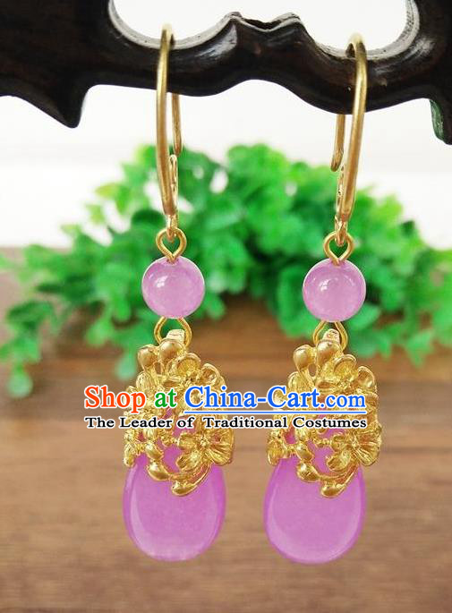 Top Grade Chinese Handmade Wedding Accessories Hanfu Palace Purple Jade Brass Earrings for Women