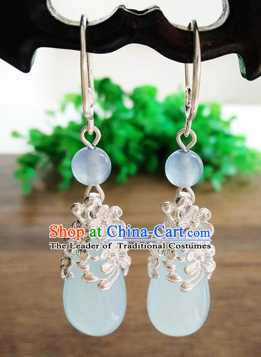 Top Grade Chinese Handmade Wedding Accessories Hanfu Palace Blue Jade Brass Earrings for Women