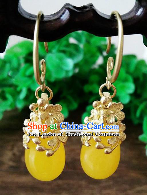 Top Grade Chinese Handmade Wedding Accessories Brass Eardrop Hanfu Yellow Jade Earrings for Women