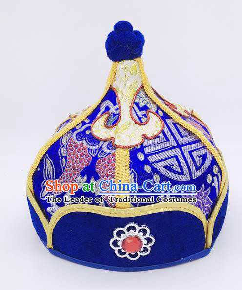 Traditional Chinese Mongol Nationality Handmade Hat, Handmade Mongolian Minority Royalblue Hats Headwear for Kids