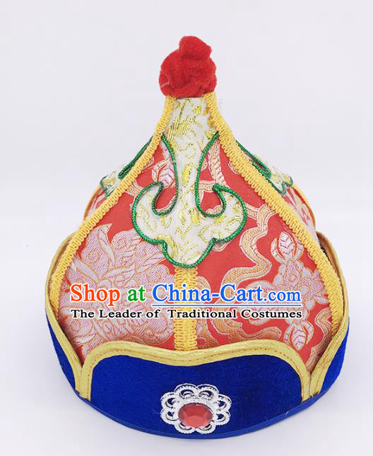 Traditional Chinese Mongol Nationality Handmade Hat, Handmade Mongolian Minority Red Hats Headwear for Kids