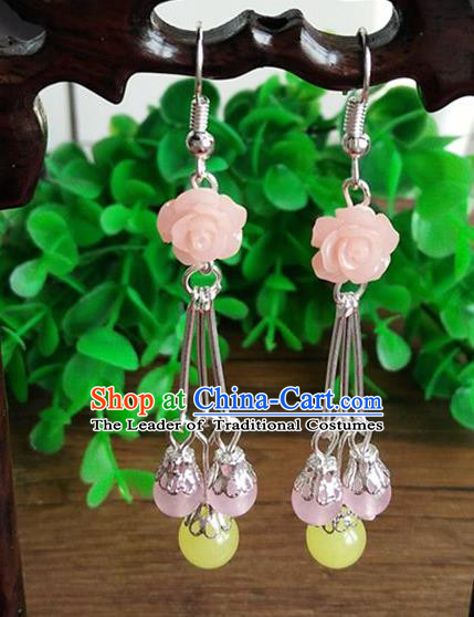 Top Grade Chinese Handmade Accessories Eardrop Wedding Hanfu Pink Rose Earrings for Women