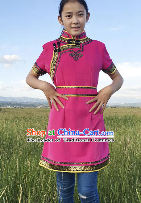 Traditional Chinese Mongol Nationality Costume Rosy Dress, Mongolian Folk Dance Clothing for Women