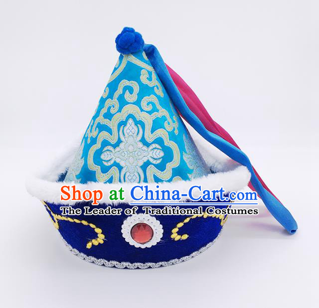 Traditional Chinese Mongol Nationality Prince Hat, Mongolian Minority Royalblue Hats for Kids