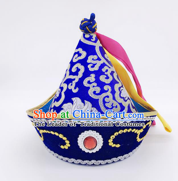 Traditional Chinese Mongol Nationality Hat Hair Accessories, Handmade Mongolian Minority Royalblue Hats Headwear for Kids