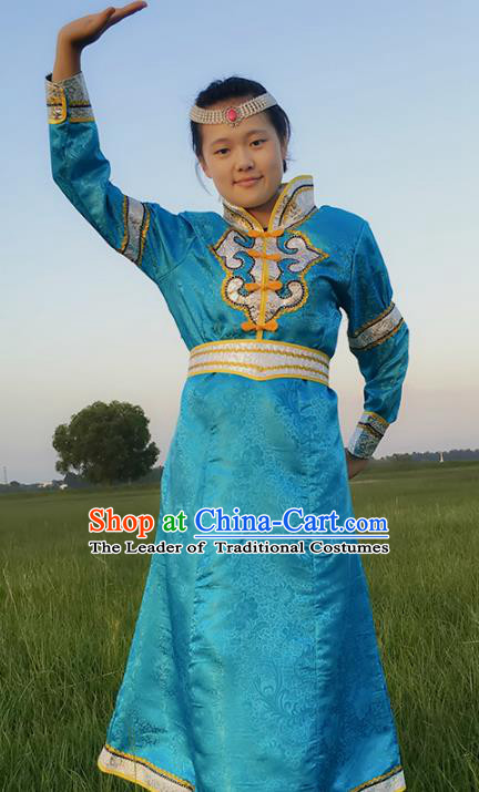 Chinese Mongol Nationality Ethnic Costume, Traditional Mongolian Folk Dance Clothing Blue Mongolian Robe for Women