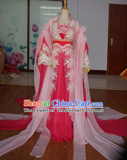 Chinese Ancient Cosplay Fairy Princess Costume Tang Dynasty Swordswoman Pink Hanfu Dress for Women