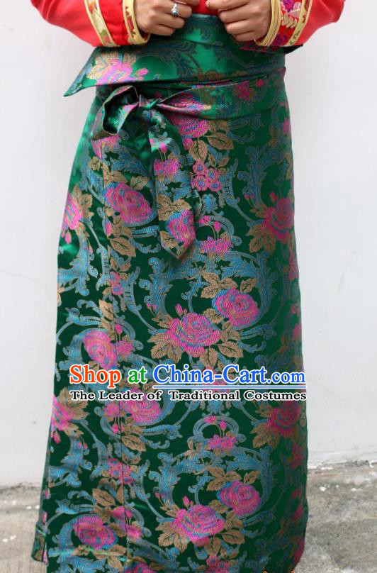 Chinese Traditional Minority Costume Zang Nationality Green Brocade Bust Skirt for Women