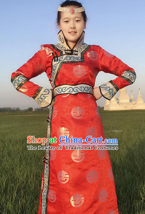 Chinese Mongol Nationality Female Ethnic Costume, Traditional Mongolian Folk Dance Red Mongolian Robe for Women