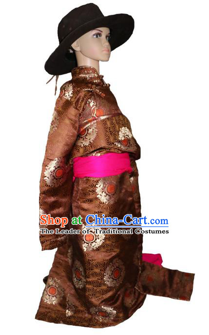 Chinese Traditional Tibetan Minority Dance Costume Zang Nationality Brown Brocade Tibetan Robe for Kids