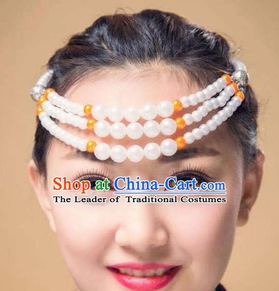 Traditional Chinese Folk Dance Hair Accessories, Mongolian Minority White Beads Hair Jewelry Dance Headband for Women