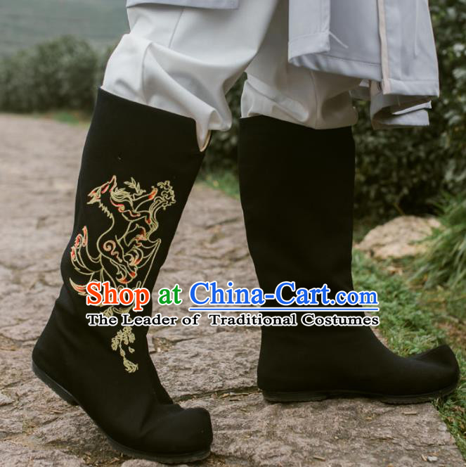 Chinese Traditional Black Cloth Shoes Ancient Swordsman Hanfu Embroidered Boots for Men