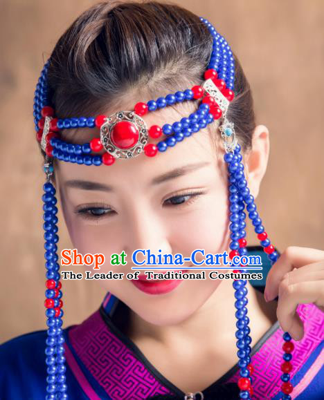 Chinese Traditional Ethnic Folk Dance Tassel Hair Accessories Royalblue Beads Hair Clasp, Mongolian Minority Dance Headwear for Women