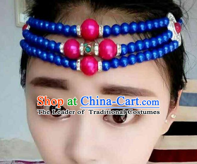 Chinese Traditional Ethnic Folk Dance Hair Accessories Blue Beads Hair Clasp, Mongolian Minority Dance Headwear for Women