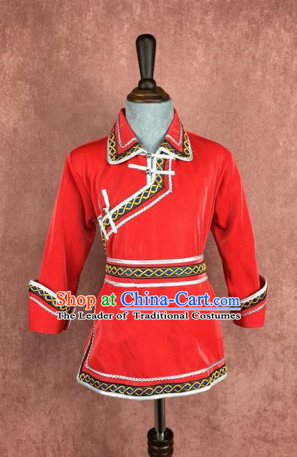 Chinese Traditional Children Ethnic Costume Red Mongolian Robe, China Mongolian Minority Folk Dance Clothing for Kids