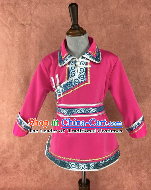 Chinese Traditional Children Ethnic Costume Rosy Mongolian Robe, China Mongolian Minority Folk Dance Clothing for Kids