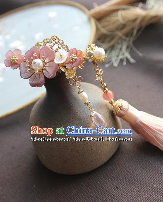 Chinese Ancient Handmade Pink Tassel Hair Stick Classical Hair Accessories Hanfu Hairpins for Women