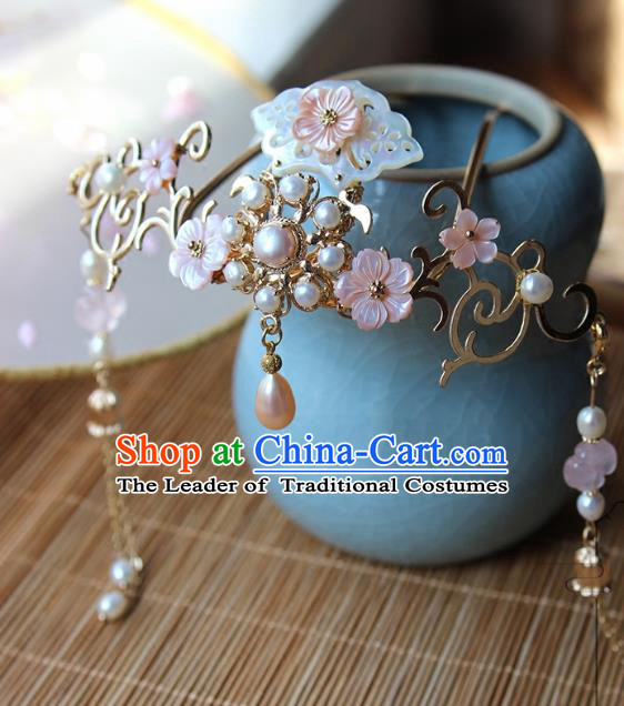 Chinese Ancient Handmade Tassel Step Shake Classical Hair Accessories Hanfu Shell Pearls Hairpins for Women