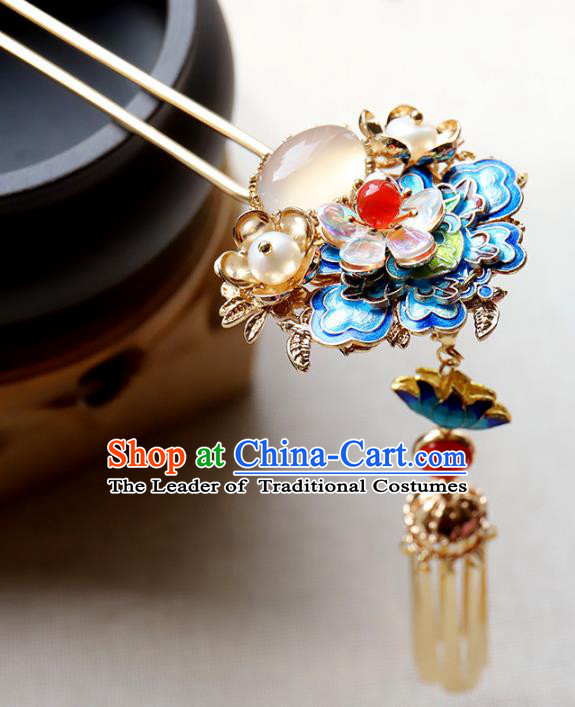 Chinese Ancient Handmade Bride Hair Clip Classical Hair Accessories Hanfu Blueing Flowers Hairpins for Women