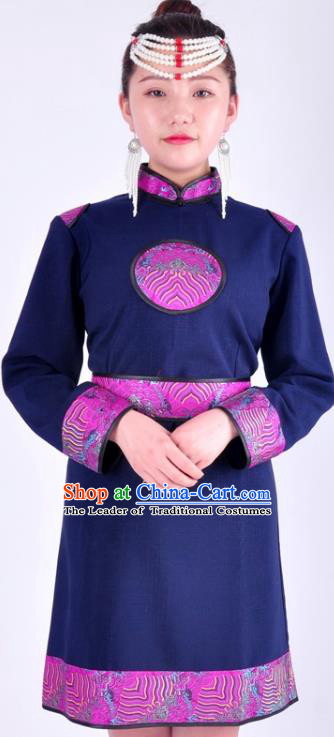 Chinese Mongol Nationality Costume Traditional Mongolian Minority Navy Dress for Women