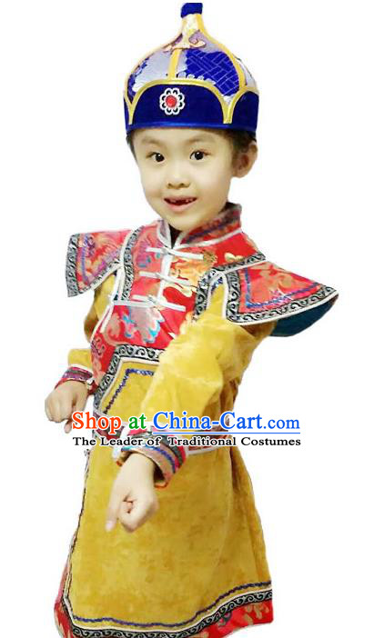 Chinese Mongol Nationality Costume Traditional Mongolian Minority Folk Dance Yellow Mongolian Robe for Kids