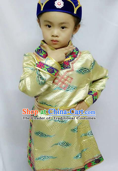 Chinese Mongol Nationality Costume Boy Golden Mongolian Robe Traditional Mongolian Minority Clothing for Kids