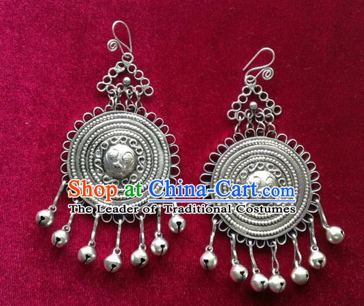 Chinese Handmade Miao Nationality Jewelry Accessories Sliver Bells Tassel Earbob Hmong Earrings for Women