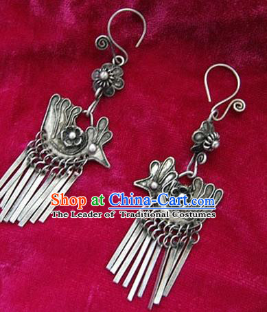 Chinese Handmade Miao Nationality Eardrop Jewelry Accessories Hmong Sliver Phoenix Earrings for Women