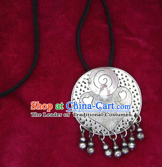 Chinese Miao Nationality Ornaments Carving Sliver Necklace Pendant Traditional Hmong Necklet for Women