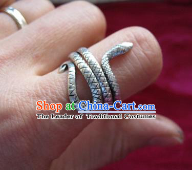 Chinese Miao Nationality Ornaments Sliver Snake Ring Traditional Hmong Finger Ring for Women