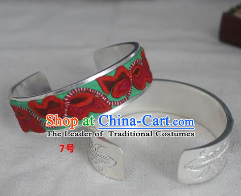 Chinese Miao Nationality Ornaments Sliver Embroidered Bracelet Traditional Hmong Bangle for Women