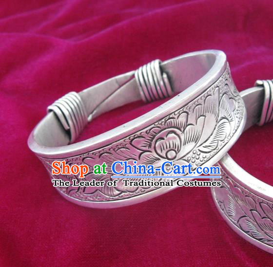 Chinese Miao Sliver Ornaments Carving Peony Bracelet Traditional Hmong Bangle Accessories for Women