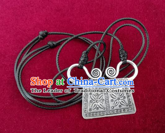 Chinese Miao Sliver Ornaments Carving Necklace Traditional Hmong Necklet Pendant for Women