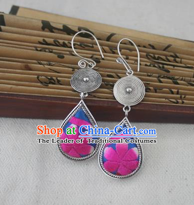 Chinese Handmade Miao Sliver Eardrop Hmong Nationality Embroidered Rosy Flower Earrings for Women