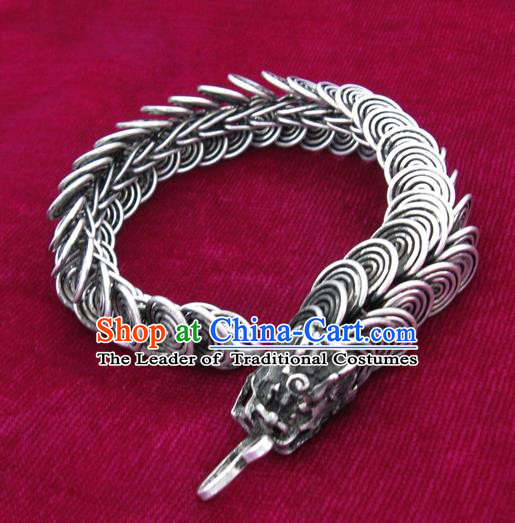 Chinese Miao Sliver Ornaments Dragon Head Bracelet Traditional Hmong Handmade Sliver Bangle for Women