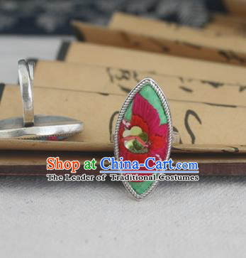 Chinese Traditional Miao Sliver Ornaments Willow Leaf Ring Traditional Hmong Embroidered Rings for Women