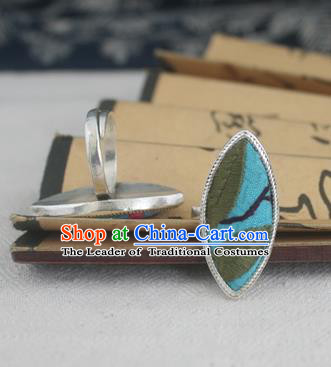 Chinese Traditional Miao Sliver Ornaments Willow Leaf Ring Traditional Hmong Embroidered Rings for Women