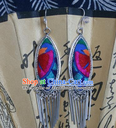 Traditional Chinese Miao Sliver Earrings Ornaments Hmong Embroidered Blue Eardrop for Women