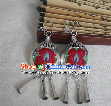 Traditional Chinese Miao Sliver Embroidered Earrings Hmong Ornaments Eardrop for Women