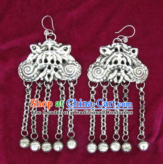 Traditional Chinese Miao Sliver Earrings Hmong Ornaments Bells Tassel Eardrop for Women