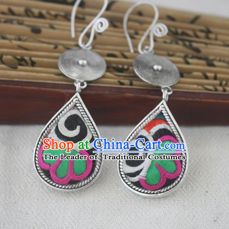 Chinese Miao Sliver Traditional Embroidered Lotus Black Earrings Hmong Ornaments Minority Headwear for Women