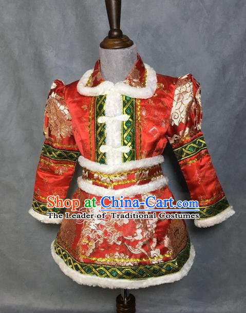 Chinese Traditional Mongol Nationality Red Robe, China Mongolian Minority Folk Dance Ethnic Costume for Kids