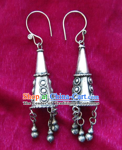 Traditional Chinese Miao Sliver Trumpet Earrings Ornaments Hmong Sliver Carving Eardrop for Women