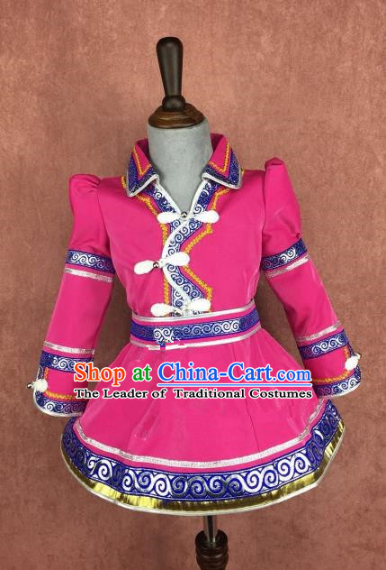 Chinese Traditional Girls Rosy Mongolian Robe Ethnic Costume, China Mongolian Minority Folk Dance Clothing for Kids