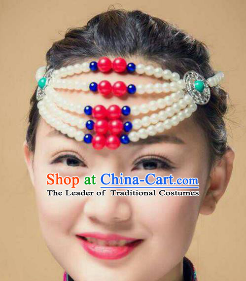 Chinese Traditional Mongol Stage Performance Hair Accessories, Mongolian Folk Dance White Beads Headwear for Women