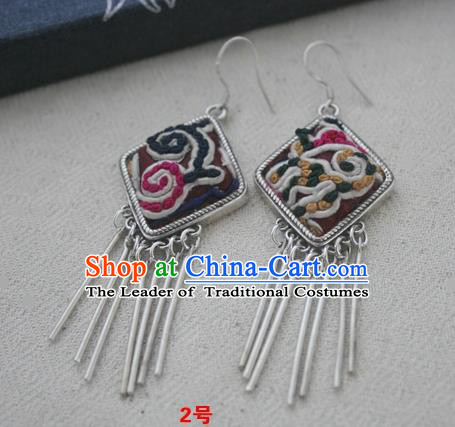 Chinese Traditional Miao Sliver Earrings Hmong Ornaments Accessories Minority Embroidered Eardrop for Women